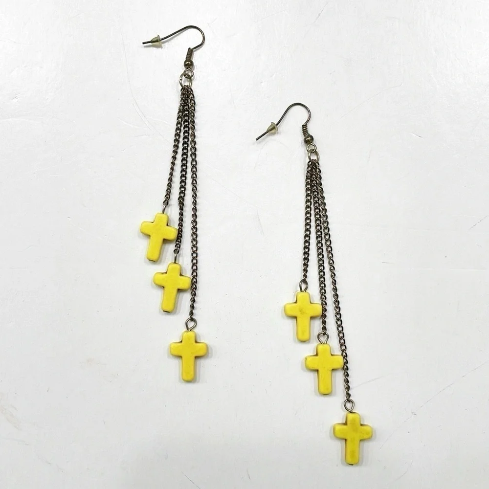 Yellow hanging cross earrings